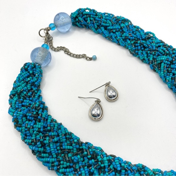 Seed Bead Necklace Wide Braided Artisan Made Blue Green - Picture 2 of 8